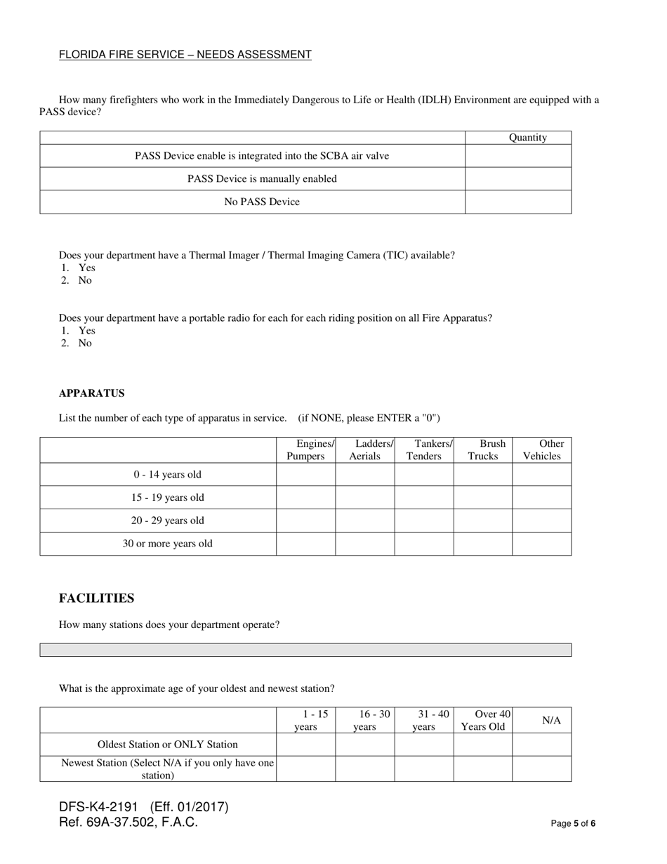 Form DFS-K4-2191 Florida Fire Service - Needs Assessment - Florida, Page 5
