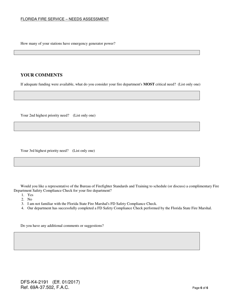 Form DFS-K4-2191 Florida Fire Service - Needs Assessment - Florida, Page 6