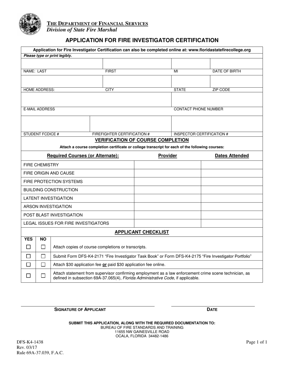 Form DFS-K4-1438 Application for Fire Investigator Certification - Florida, Page 1