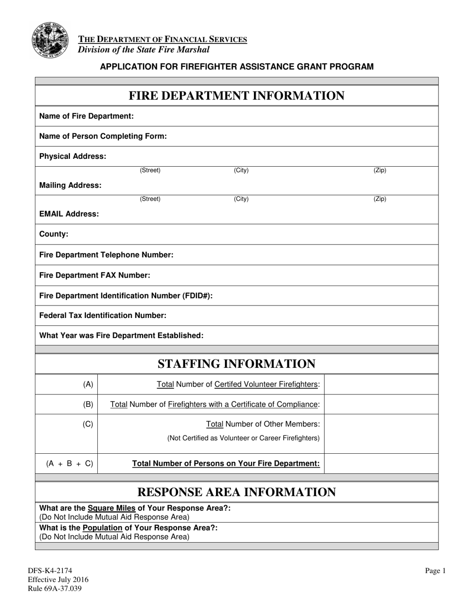 Form DFS-K4-2174 Application for Firefighter Assistance Grant Program - Florida, Page 1