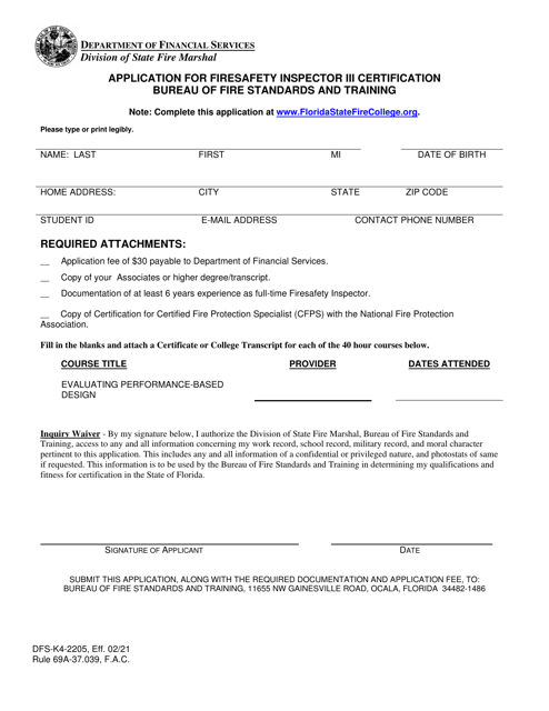 Form DFS-K4-2205 Application for Firesafety Inspector Iii Certification - Florida