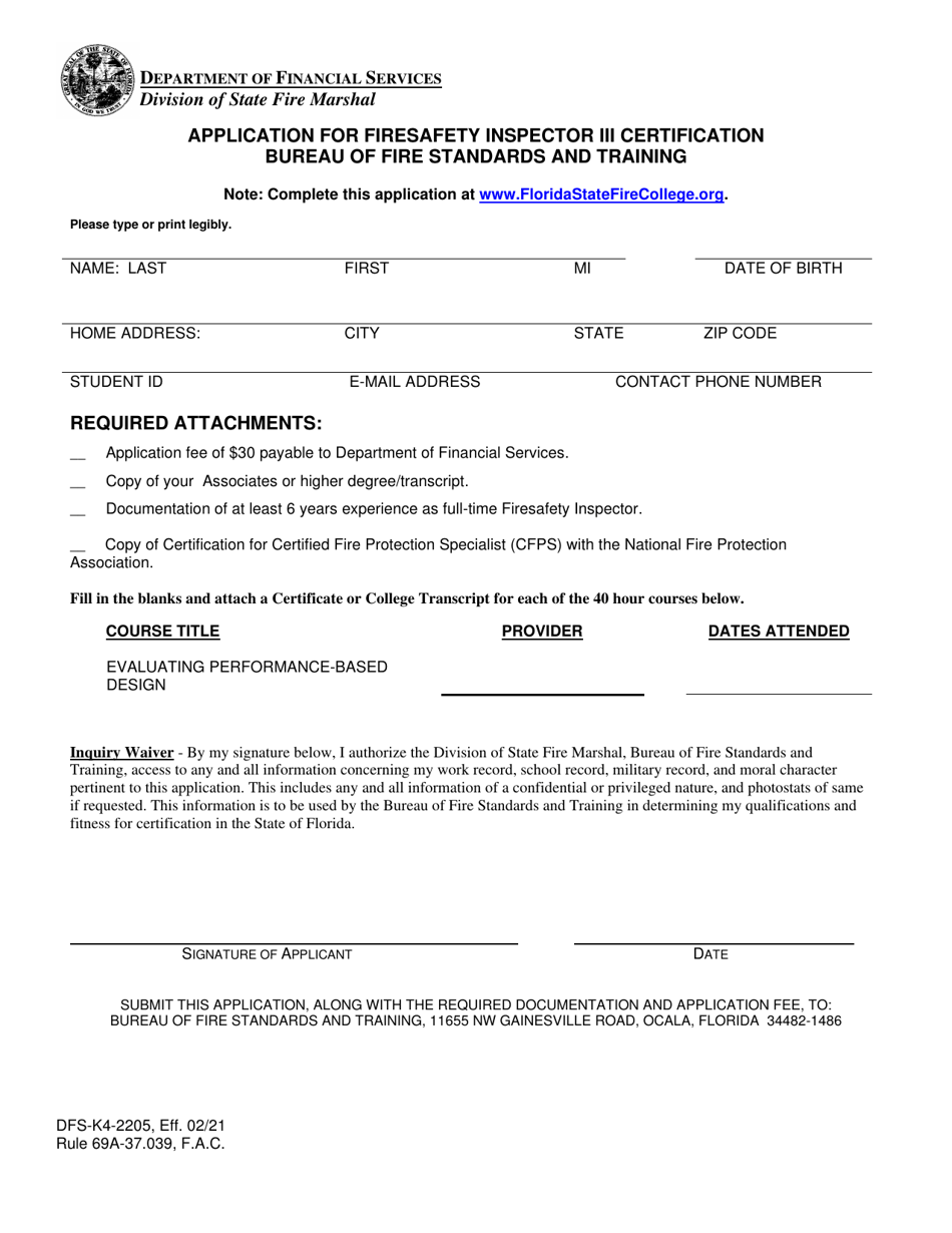 Form DFS-K4-2205 Application for Firesafety Inspector Iii Certification - Florida, Page 1