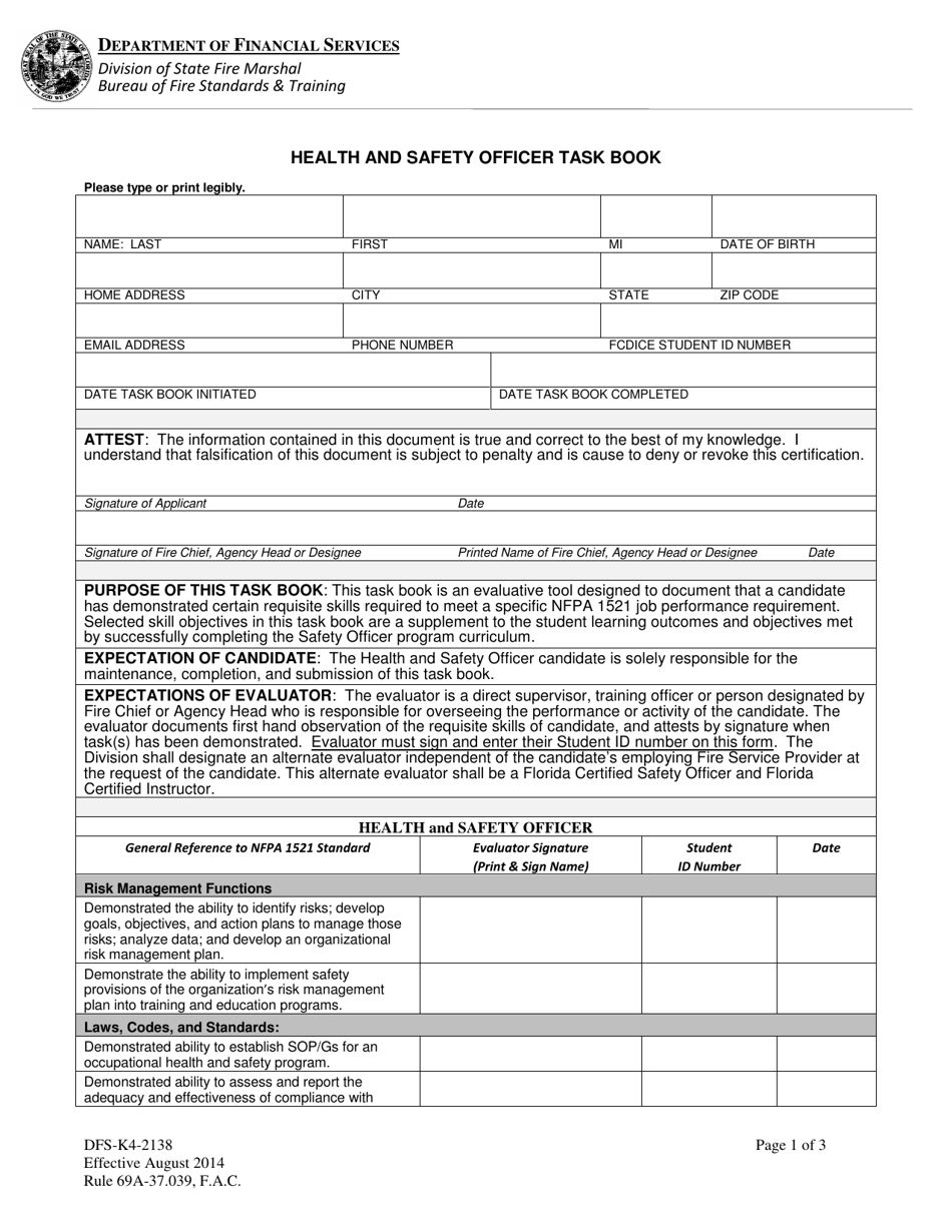 Form DFS-K4-2138 Health and Safety Officer Task Book - Florida, Page 1