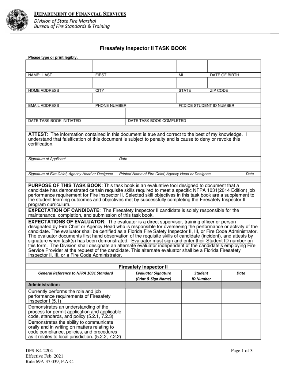 Form DFS-K4-2204 Firesafety Inspector II Task Book - Florida, Page 1