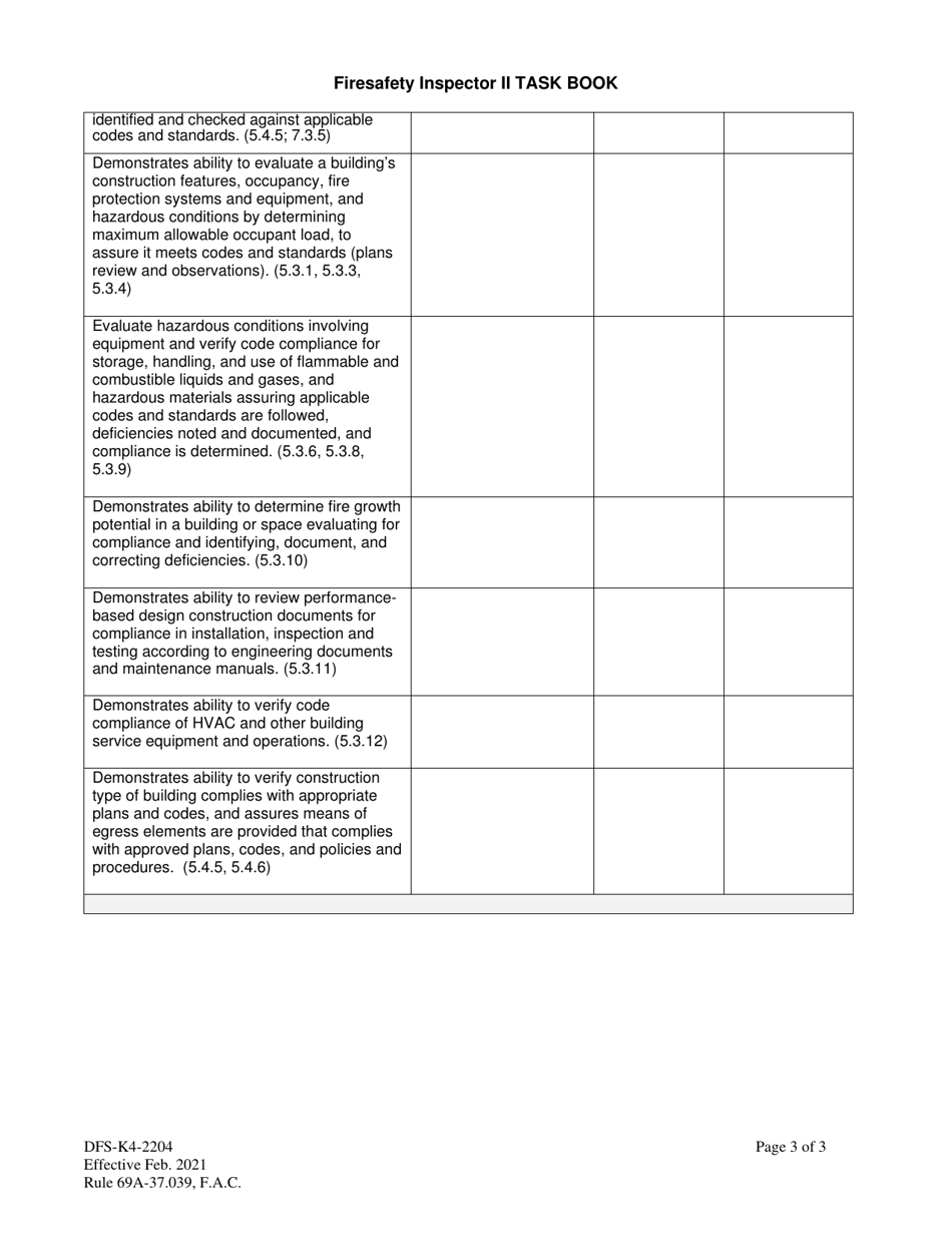 Form DFS-K4-2204 Firesafety Inspector II Task Book - Florida, Page 3