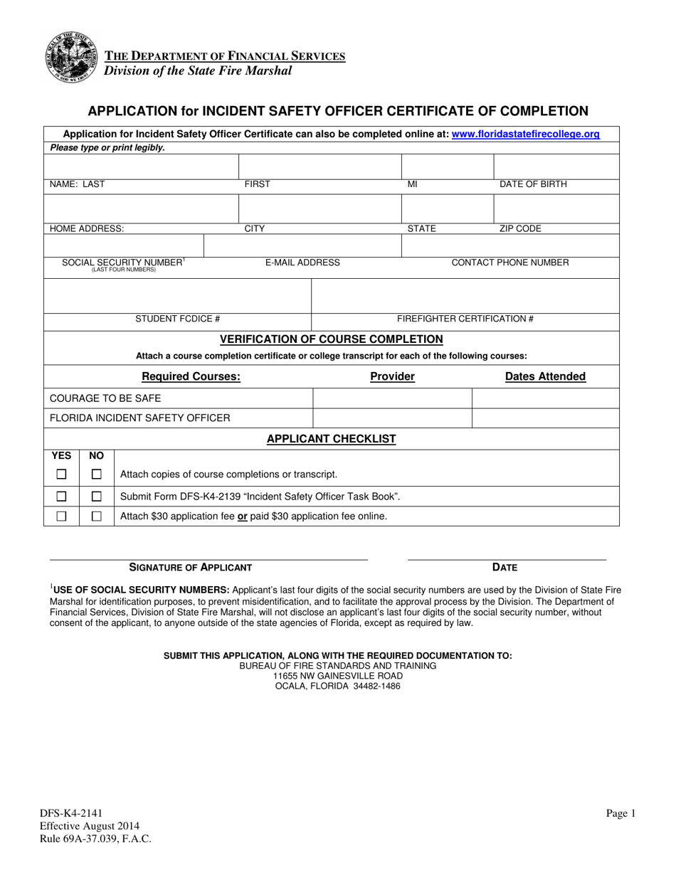 Form DFS-K4-2141 Application for Incident Safety Officer Certificate of Completion - Florida, Page 1