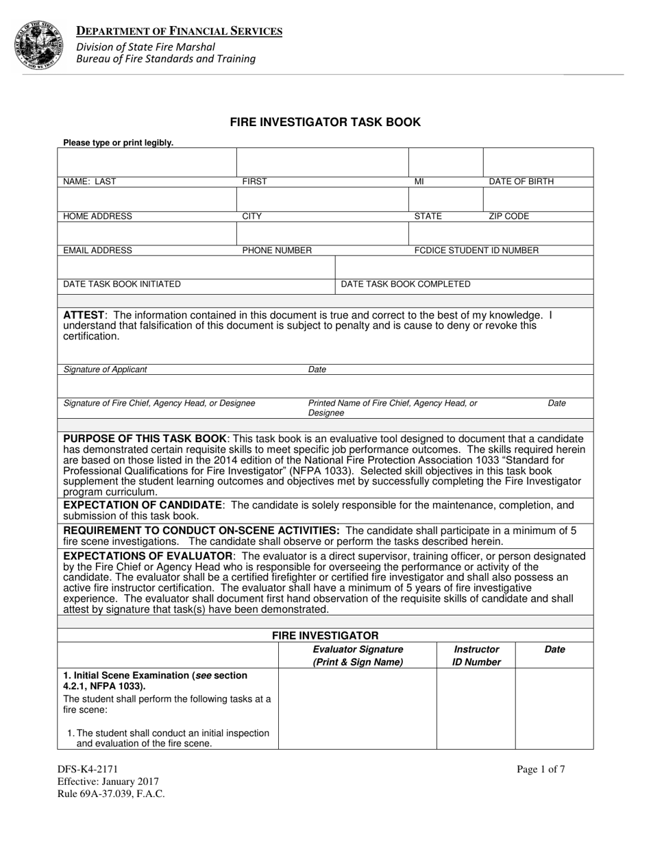 Form DFS-K4-2171 Fire Investigator Task Book - Florida, Page 1