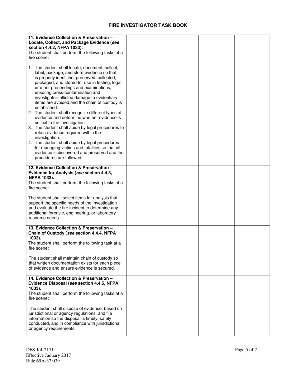 Form DFS-K4-2171 Fire Investigator Task Book - Florida, Page 5