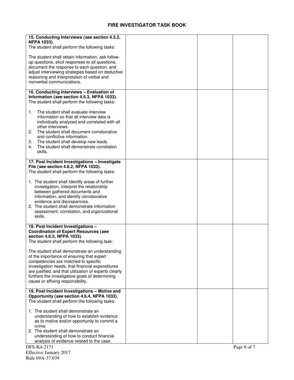 Form DFS-K4-2171 Fire Investigator Task Book - Florida, Page 6
