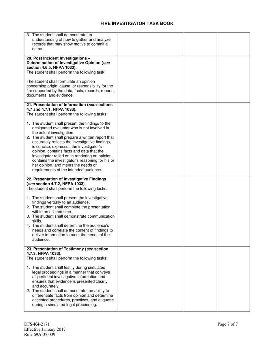 Form DFS-K4-2171 Fire Investigator Task Book - Florida, Page 7