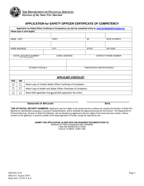 Form DFS-K4-2142 Application for Safety Officer Certificate of Competency - Florida