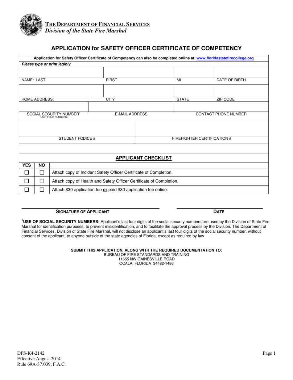 Form DFS-K4-2142 Application for Safety Officer Certificate of Competency - Florida, Page 1