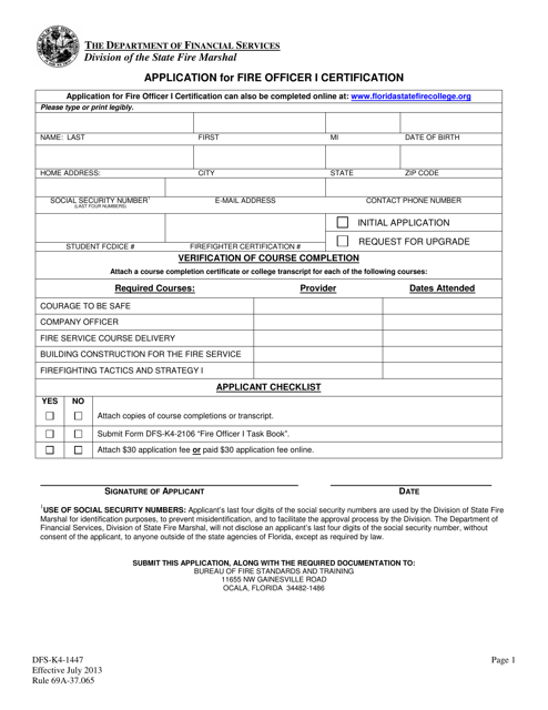 Form DFS-K4-1447 Application for Fire Officer I Certification - Florida