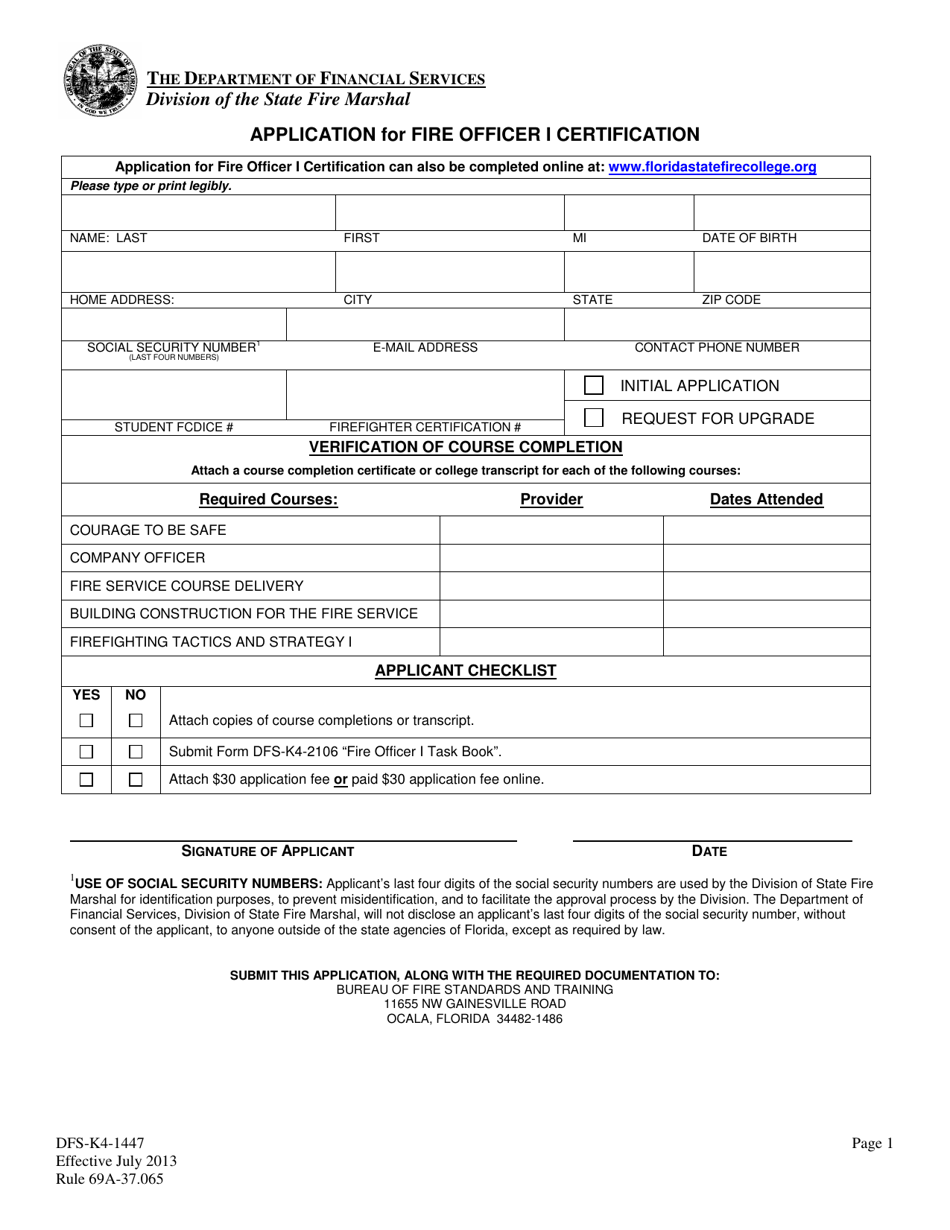 Form DFS-K4-1447 Application for Fire Officer I Certification - Florida, Page 1