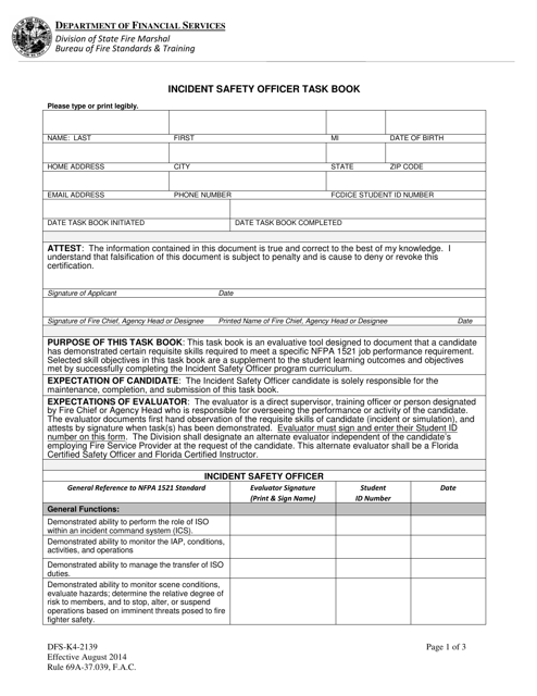 Form DFS-K4-2139 Incident Safety Officer Task Book - Florida