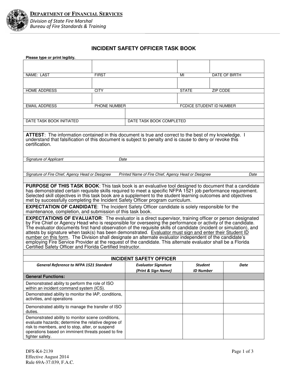 Form DFS-K4-2139 Incident Safety Officer Task Book - Florida, Page 1