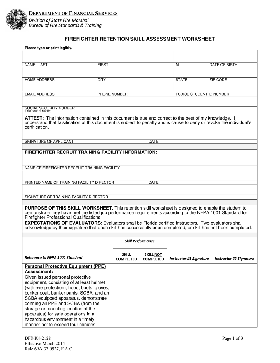 Form DFS-K4-2128 Firefighter Retention Skill Assessment Worksheet - Florida, Page 1