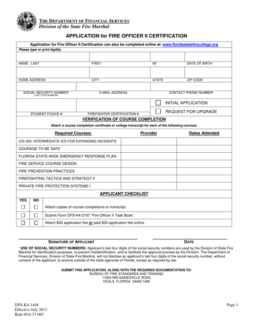 Form DFS-K4-1448 Application for Fire Officer II Certification - Florida