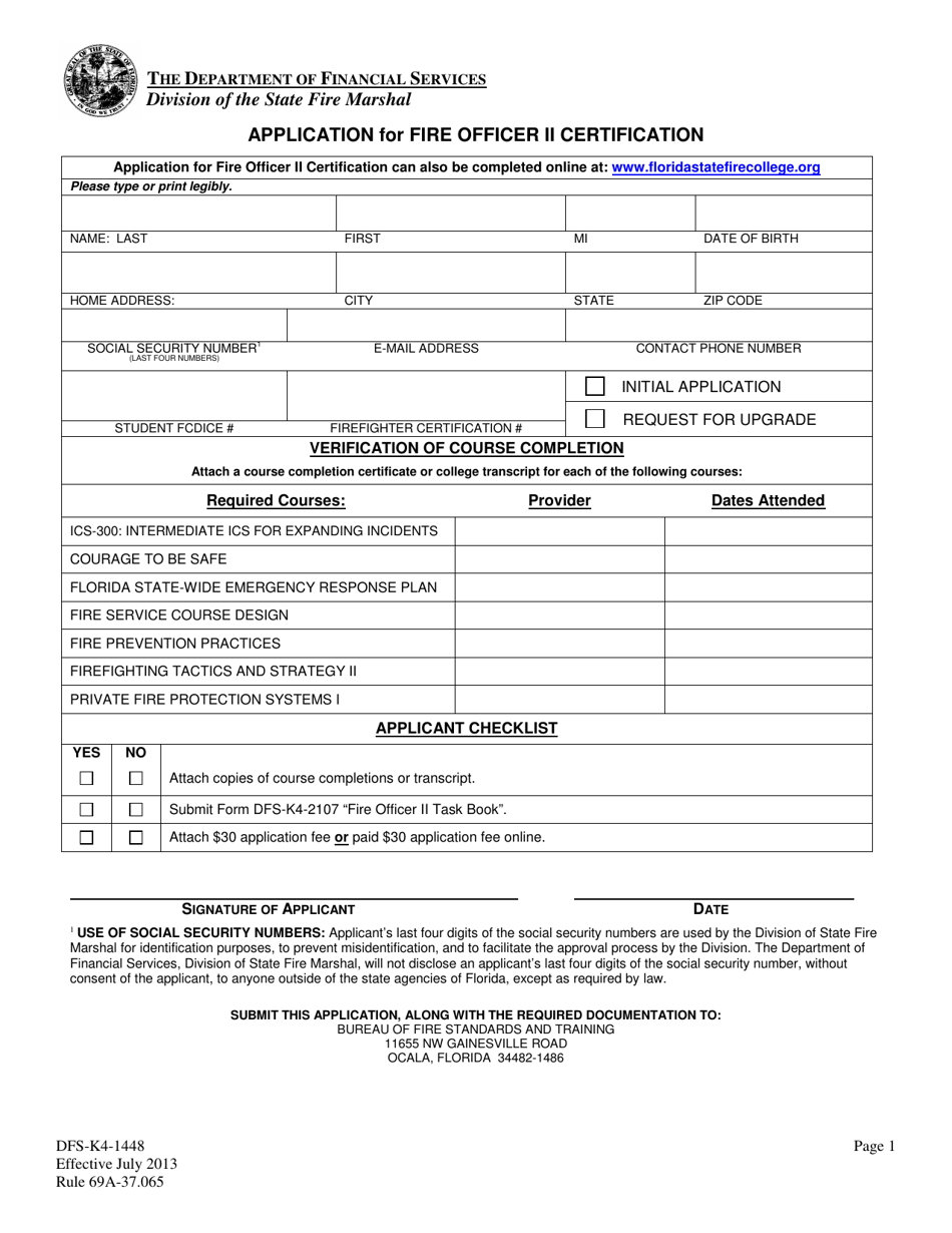Form DFS-K4-1448 Application for Fire Officer II Certification - Florida, Page 1