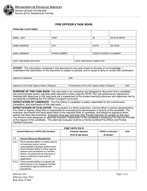 Form DFS-K4-2107 Fire Officer II Task Book - Florida