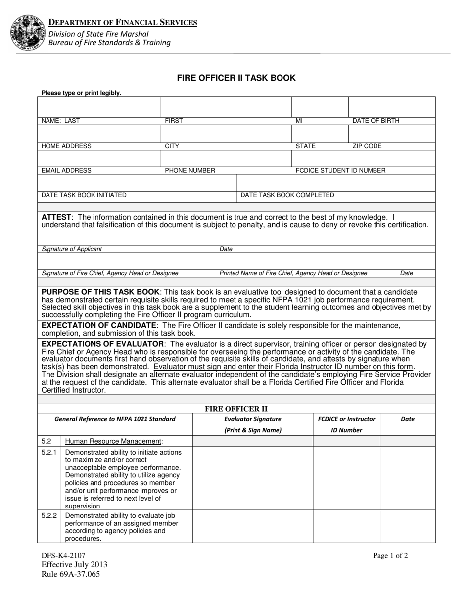 Form DFS-K4-2107 Fire Officer II Task Book - Florida, Page 1