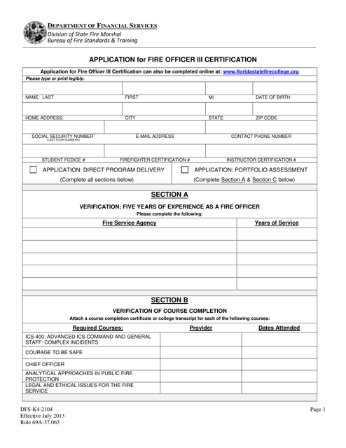 Form DFS-K4-2104 Application for Fire Officer Iii Certification - Florida