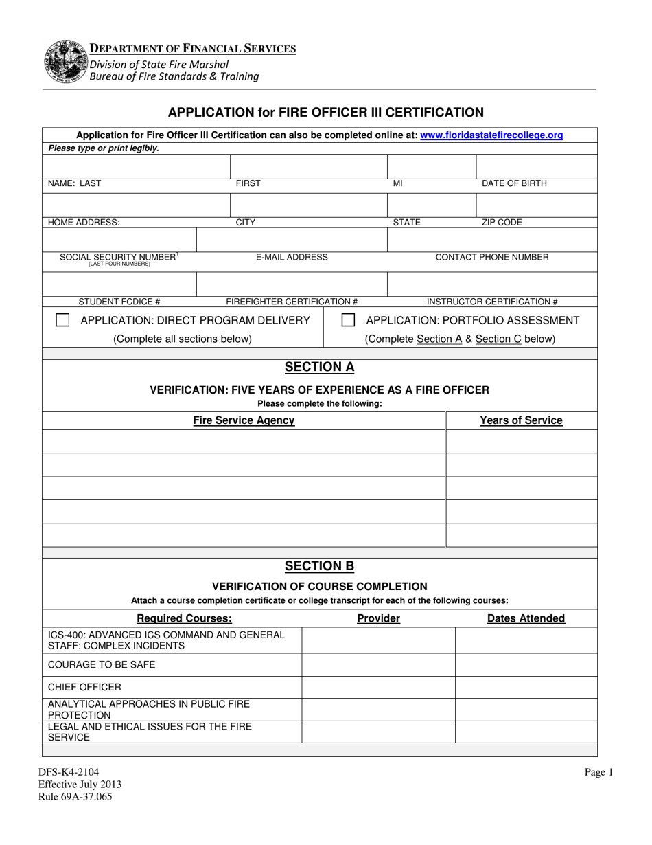 Form DFS-K4-2104 Application for Fire Officer Iii Certification - Florida, Page 1