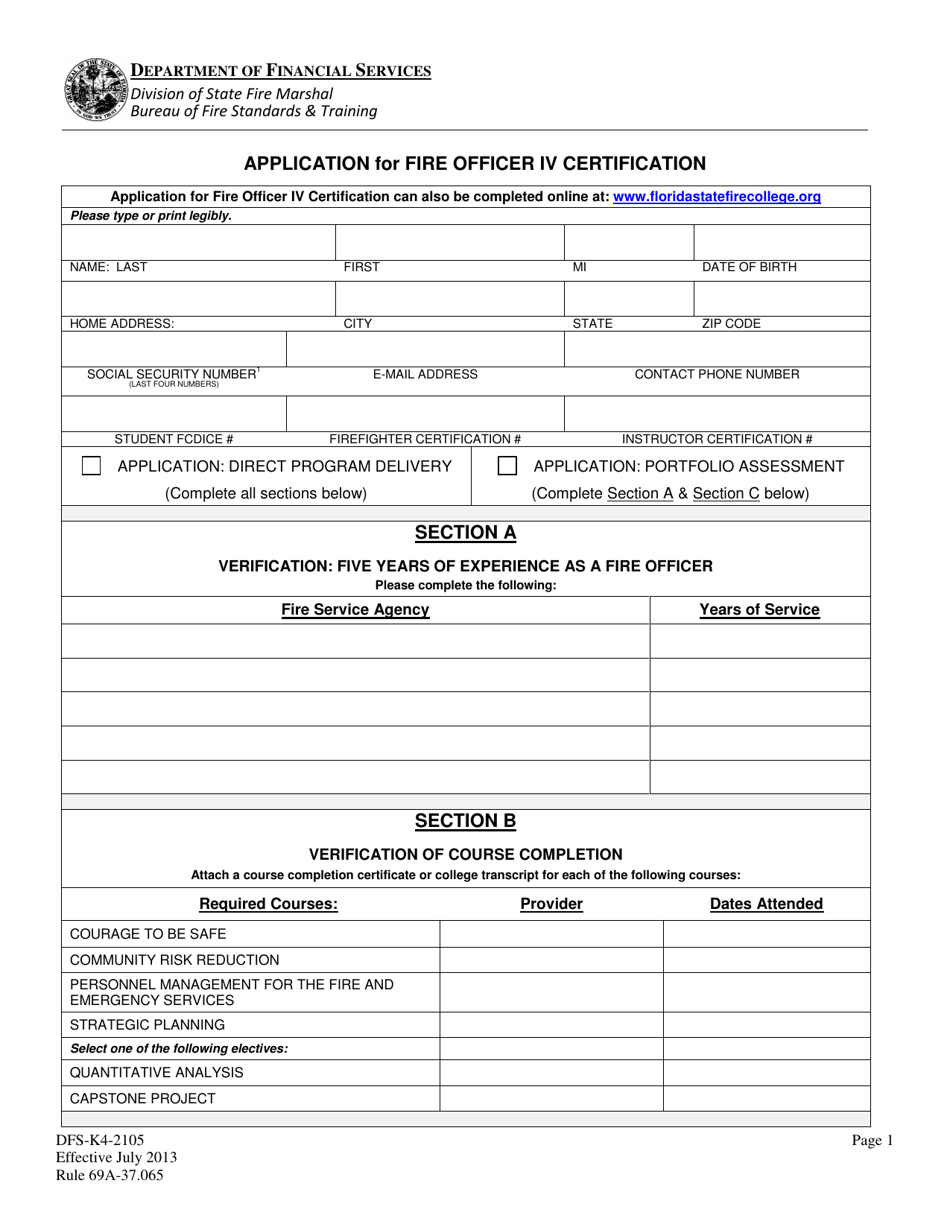 Form DFS-K4-2105 Application for Fire Officer IV Certification - Florida, Page 1