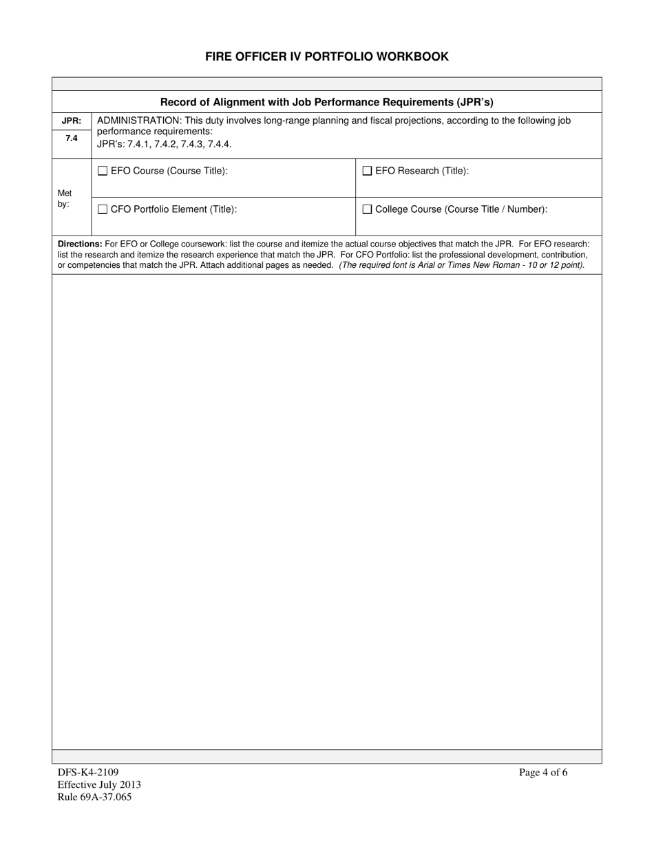 Form DFS-K4-2109 Fire Officer IV Portfolio Workbook - Florida, Page 4
