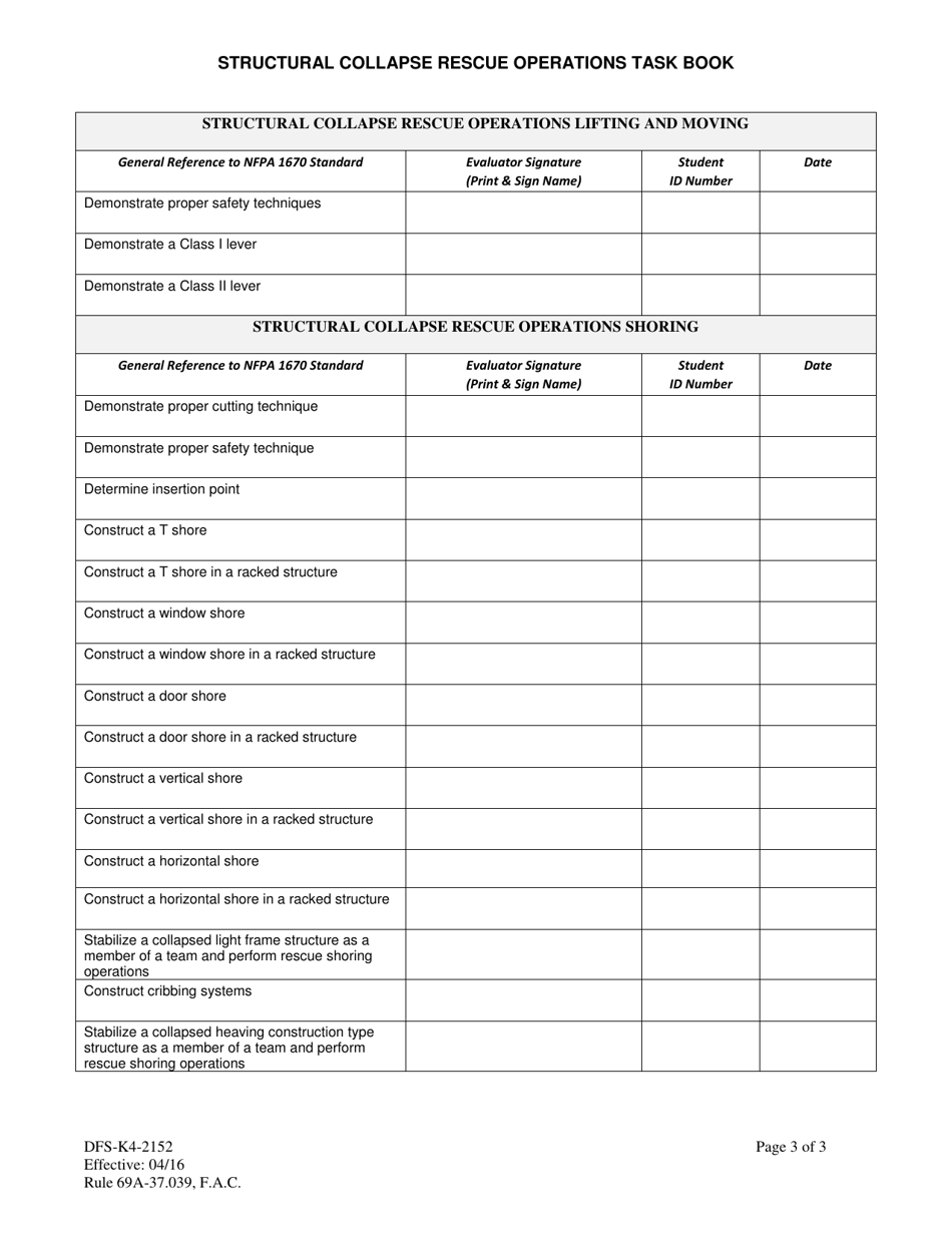 Form DFS-K4-2152 Structural Collapse Rescue Operations Task Book - Florida, Page 3