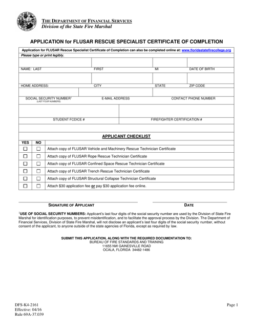 Form DFS-K4-2161 Application for Flusar Rescue Specialist Certificate of Completion - Florida