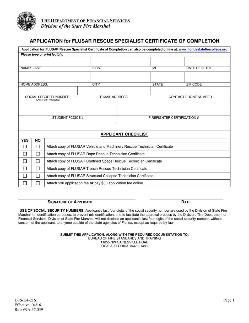 Form DFS-K4-2161 Application for Flusar Rescue Specialist Certificate of Completion - Florida, Page 1