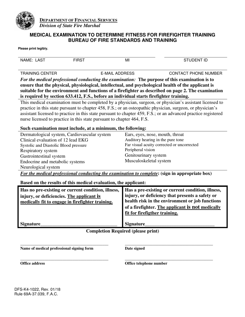 Form DFS-K4-1022 Medical Examination to Determine Fitness for Firefighter Training - Florida, Page 1