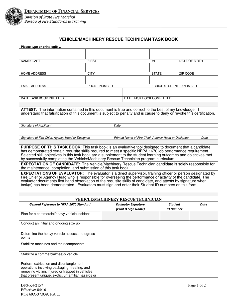 Form DFS-K4-2157 Vehicle / Machinery Rescue Technician Task Book - Florida, Page 1