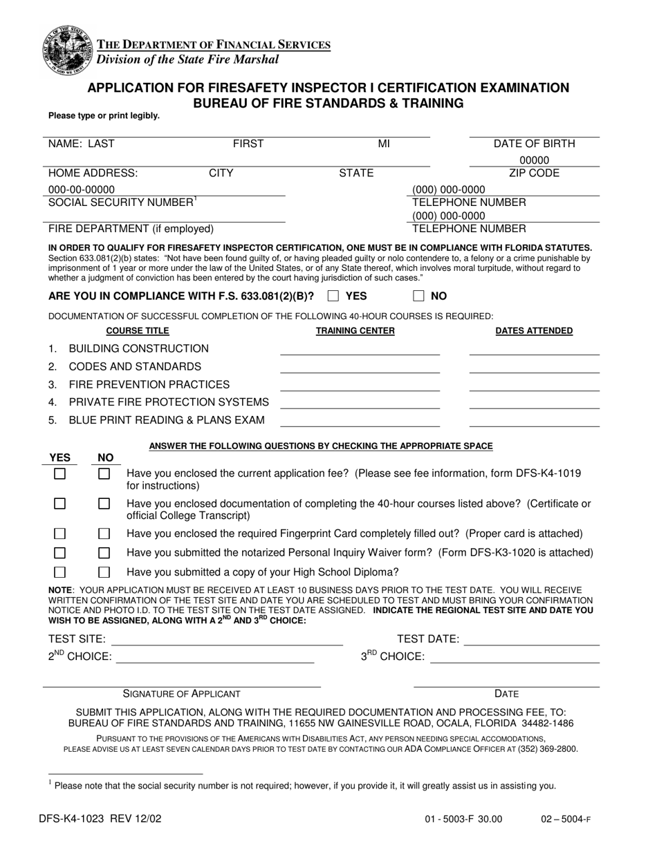 Form DFS-K4-1023 Application for Firesafety Inspector I Certification Examination - Florida, Page 1