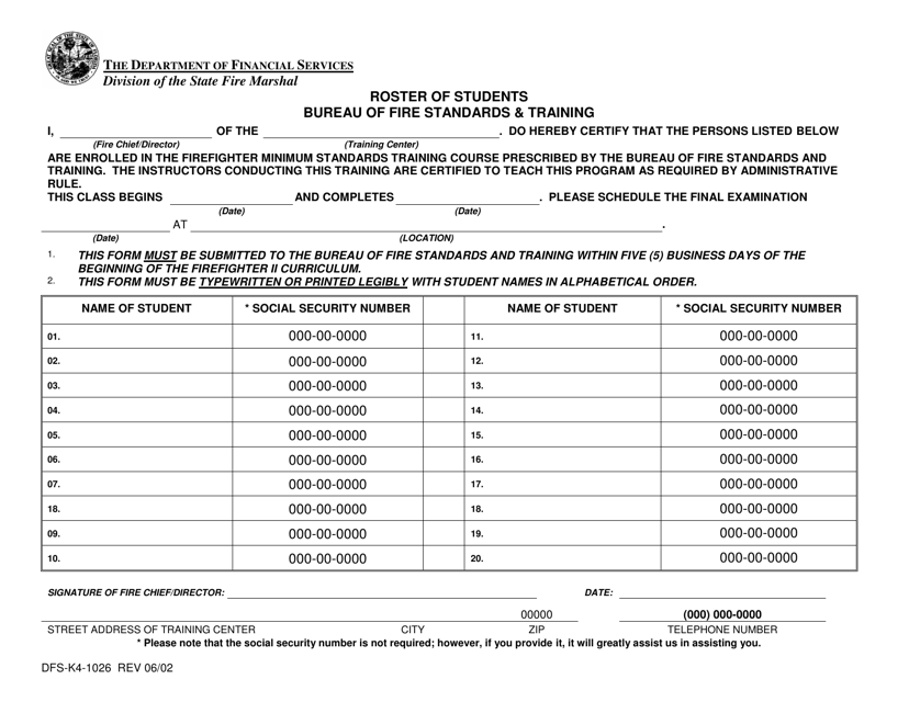 Form DFS-K4-1026 Roster of Students - Florida