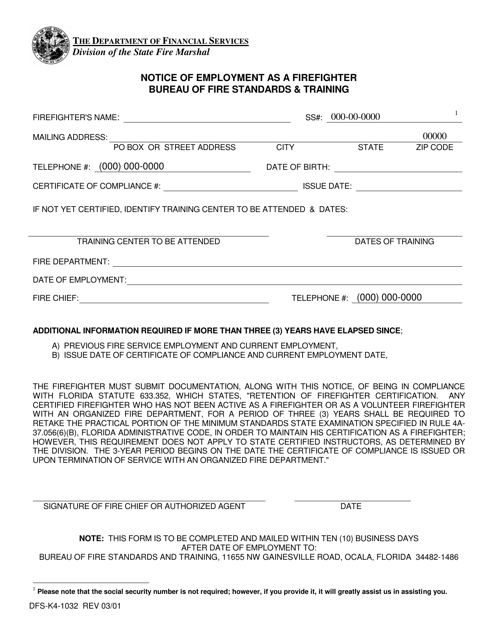 Form DFS-K1032 Notice of Employment as a Firefighter - Florida