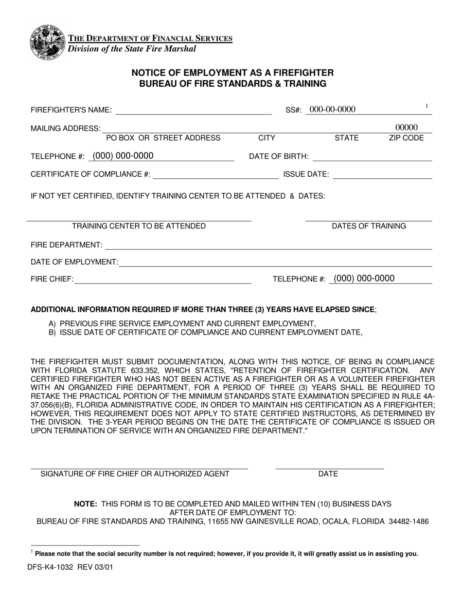 Form DFS-K1032 Notice of Employment as a Firefighter - Florida, Page 1