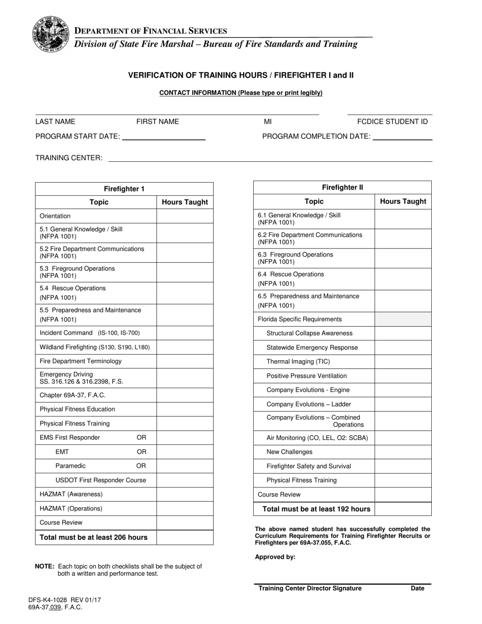 Form DFS-K4-1028 Verification of Training Hours / Firefighter I and Ii - Florida, Page 1