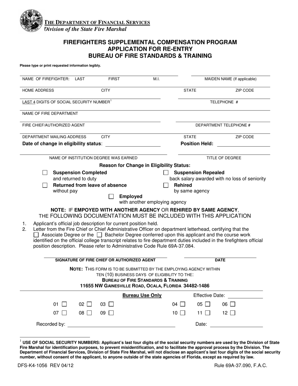 Form DFS-K4-1056 Application for Re-entry - Firefighters Supplemental Compensation Program - Florida, Page 1