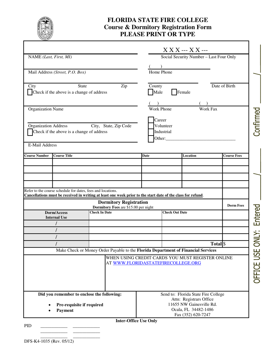 Form DFS-K4-1035 Florida State Fire College Course  Dormitory Registration Form - Florida, Page 1