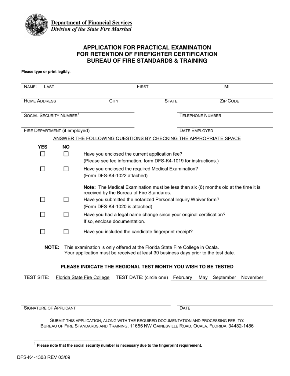 Form DFS-K4-1308 Application for Practical Examination for Retention of Firefighter Certification - Florida, Page 1