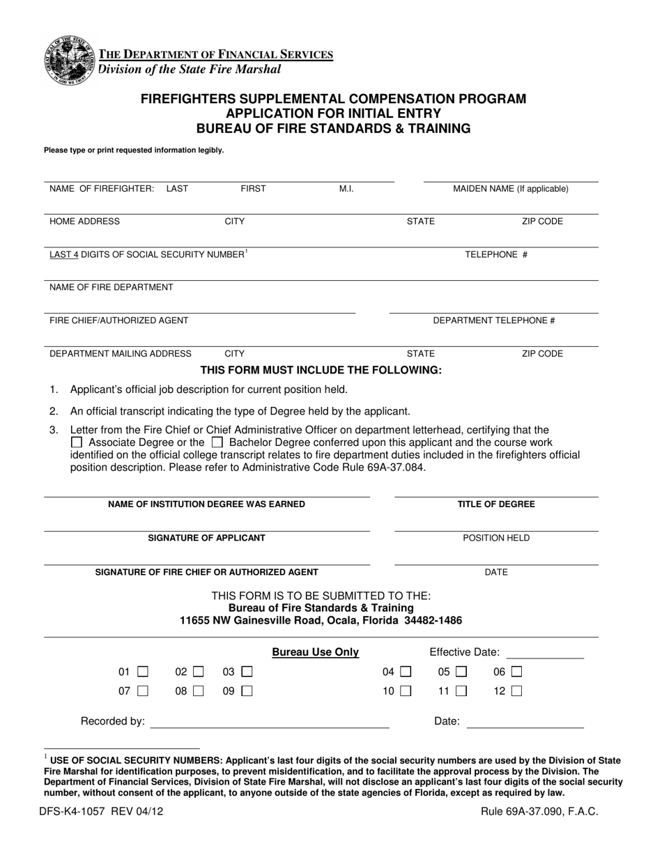 Form DFS-K4-1057 Application for Initial Entry - Firefighters Supplemental Compensation Program - Florida, Page 1