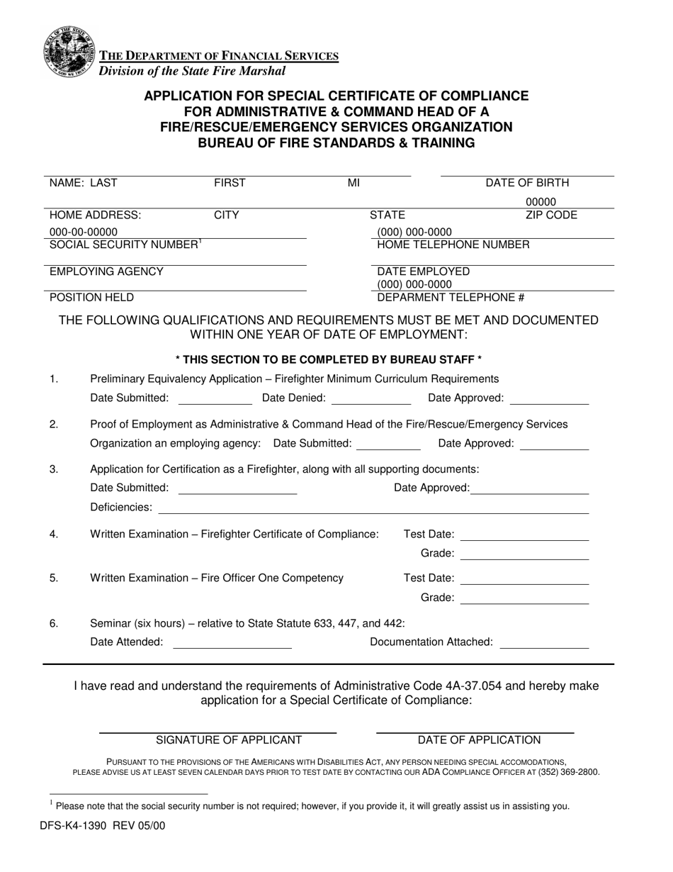 Form DFS-K4-1390 Application for Special Certificate of Compliance for Administrative  Command Head of a Fire / Rescue / Emergency Services Organization - Florida, Page 1