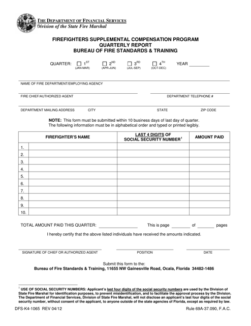 Form DFS-K4-1065 Quarterly Report - Firefighters Supplemental Compensation Program - Florida