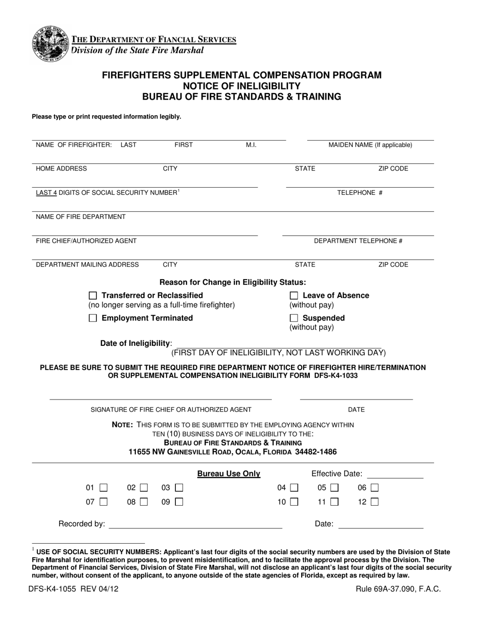 Form DFS-K4-1055 Notice of Ineligibility - Firefighters Supplemental Compensation Program - Florida, Page 1