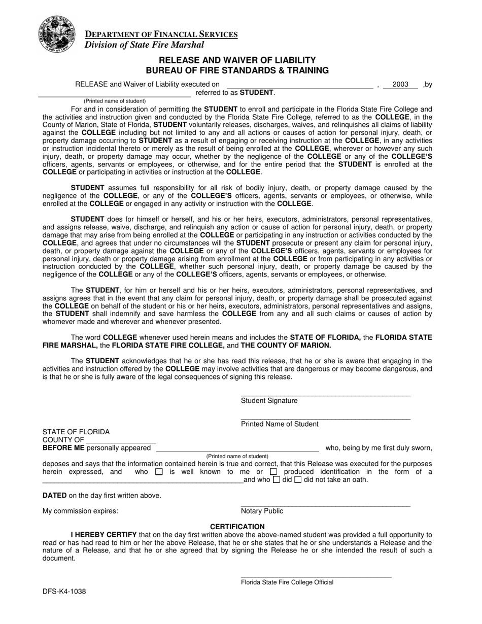 Form DFS-K4-1038 Release and Waiver of Liability - Florida, Page 1