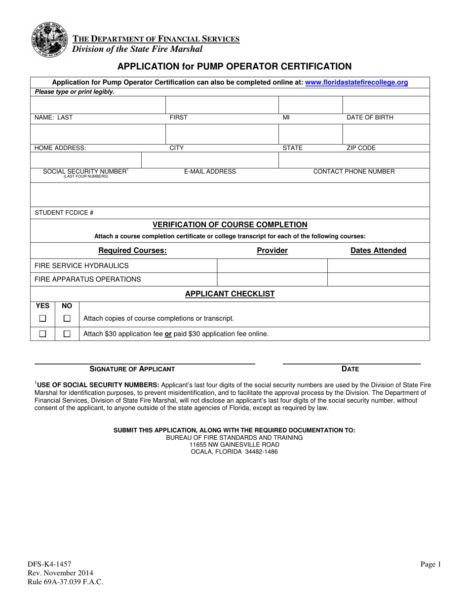 Form DFS-K4-1457 Application for Pump Operator Certification - Florida, Page 1