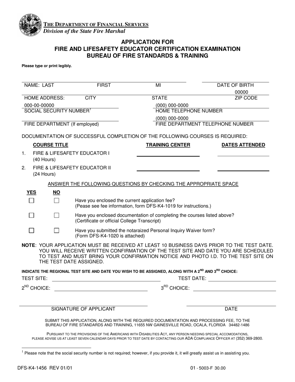 Form DFS-K4-1456 Application for Fire and Lifesafety Educator Certification Examination - Florida, Page 1