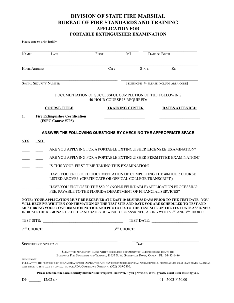 Application for Portable Extinguisher Examination - Florida, Page 1